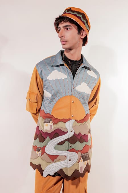 Jubinav Chadha Mustard Suede Patchwork, Embroidery Quilted Landscape Jacket Online at Aza Fashions Jubinav Chadha_Mustard Suede Patchwork, Embroidery Quilted Landscape Jacket _Online_at_Aza_Fashions
