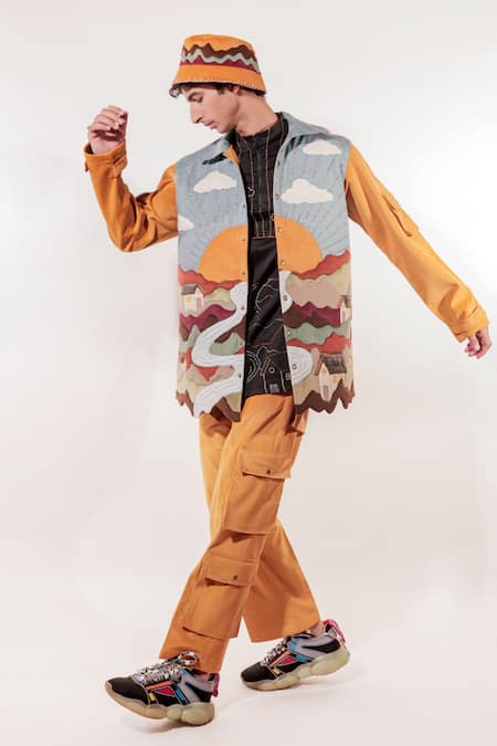Shop Jubinav Chadha Mustard Suede Patchwork, Embroidery Quilted Landscape Jacket at Aza Fashions Shop_Jubinav Chadha_Mustard Suede Patchwork, Embroidery Quilted Landscape Jacket _at_Aza_Fashions