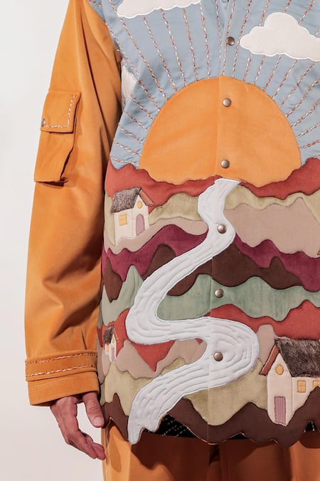Buy Jubinav Chadha Mustard Suede Patchwork, Embroidery Quilted Landscape Jacket Online at Aza Fashions Buy_Jubinav Chadha_Mustard Suede Patchwork, Embroidery Quilted Landscape Jacket _Online_at_Aza_Fashions