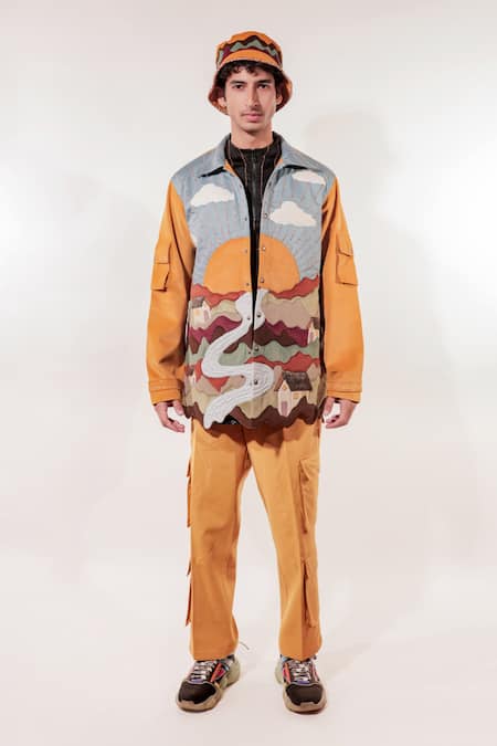 Shop Jubinav Chadha Mustard Suede Patchwork, Embroidery Quilted Landscape Jacket Online at Aza Fashions Shop_Jubinav Chadha_Mustard Suede Patchwork, Embroidery Quilted Landscape Jacket _Online_at_Aza_Fashions