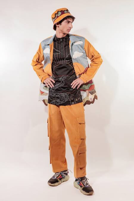 Jubinav Chadha Mustard Suede Patchwork, Embroidery Quilted Landscape Jacket at Aza Fashions Jubinav Chadha_Mustard Suede Patchwork, Embroidery Quilted Landscape Jacket _at_Aza_Fashions