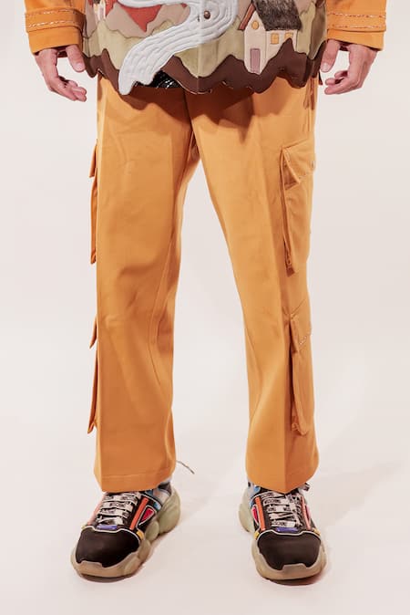 Buy Jubinav Chadha Mustard Suede Cargo Pant Online at Aza Fashions Buy_Jubinav Chadha_Mustard Suede Cargo Pant _Online_at_Aza_Fashions