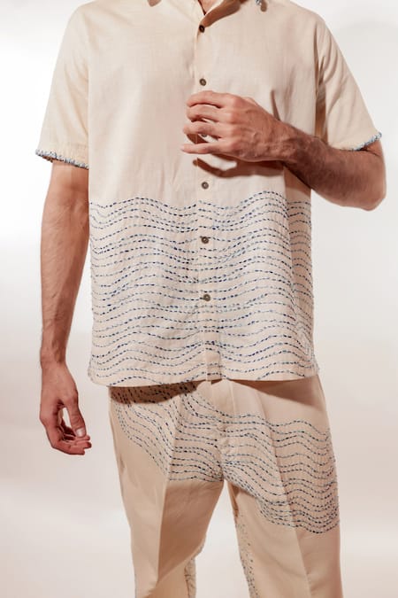 Jubinav Chadha Cream Linen Embroidery Kantha Shirt Online at Aza Fashions Jubinav Chadha_Cream Linen Embroidery Kantha Shirt _Online_at_Aza_Fashions