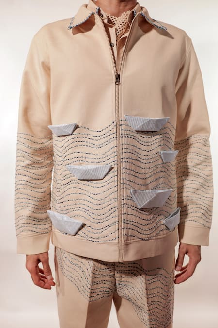 Jubinav Chadha_Cream Linen Embroidery Origami Boat And Kantha Jacket _Online_at_Aza_Fashions