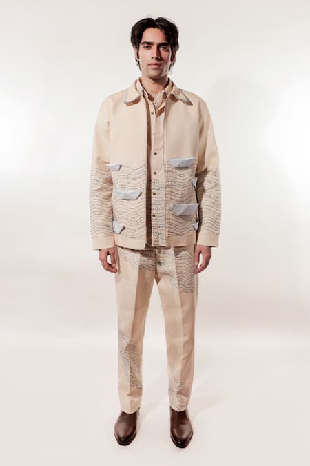Buy_Jubinav Chadha_Cream Linen Embroidery Origami Boat And Kantha Jacket _Online_at_Aza_Fashions