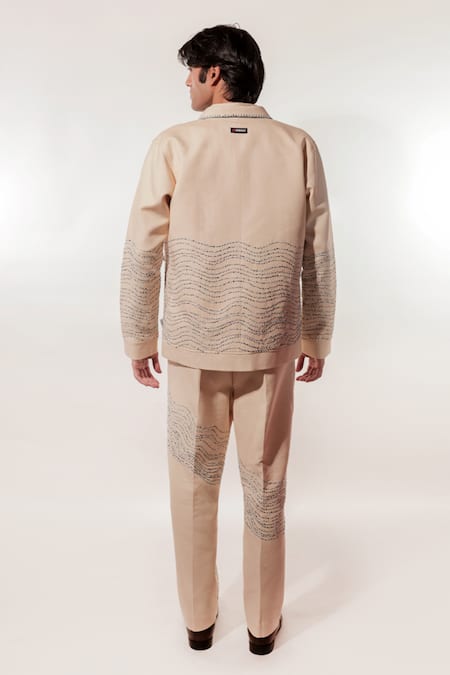 Shop_Jubinav Chadha_Cream Linen Embroidery Origami Boat And Kantha Jacket _at_Aza_Fashions