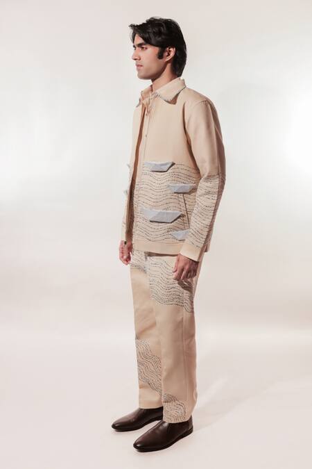 Shop_Jubinav Chadha_Cream Linen Embroidery Origami Boat And Kantha Jacket _Online_at_Aza_Fashions