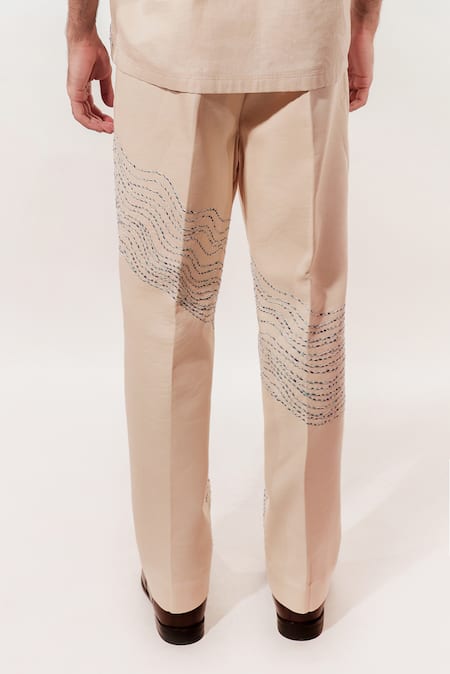 Jubinav Chadha_Cream Linen Embroidery Kantha Pant _Online_at_Aza_Fashions