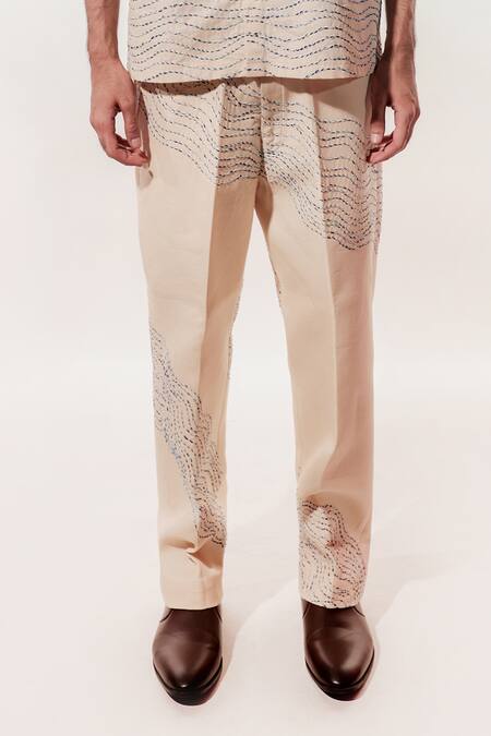 Buy_Jubinav Chadha_Cream Linen Embroidery Kantha Pant _Online_at_Aza_Fashions