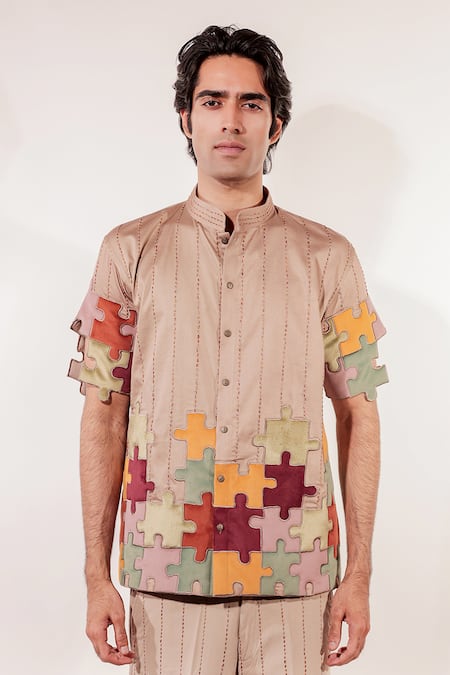 Jubinav Chadha Beige Cotton Puzzle Quilted Shirt