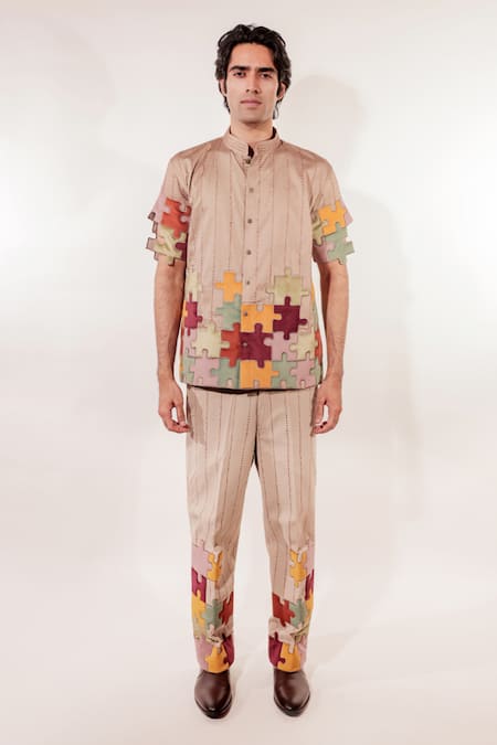 Buy Jubinav Chadha Beige Cotton Puzzle Quilted Shirt Online at Aza Fashions Buy_Jubinav Chadha_Beige Cotton Puzzle Quilted Shirt _Online_at_Aza_Fashions
