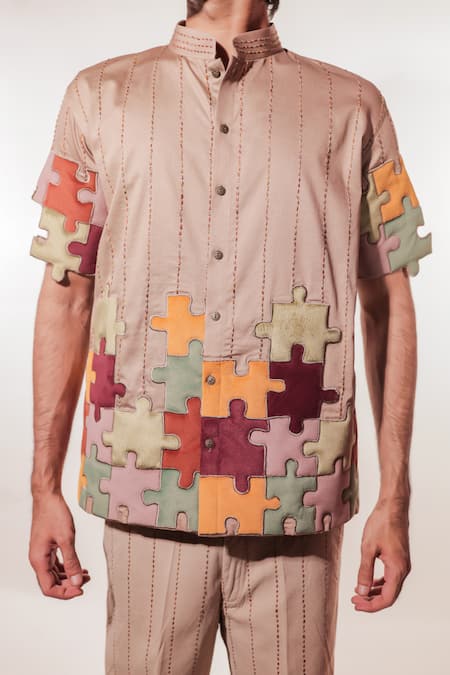 Shop Jubinav Chadha Beige Cotton Puzzle Quilted Shirt Online at Aza Fashions Shop_Jubinav Chadha_Beige Cotton Puzzle Quilted Shirt _Online_at_Aza_Fashions