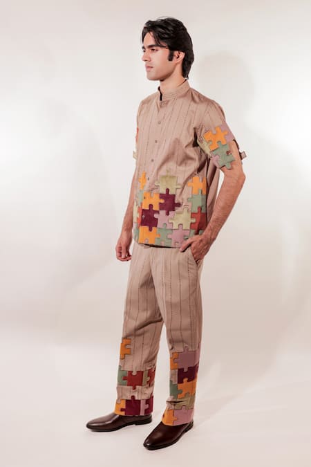 Jubinav Chadha Beige Cotton Puzzle Quilted Shirt at Aza Fashions Jubinav Chadha_Beige Cotton Puzzle Quilted Shirt _at_Aza_Fashions