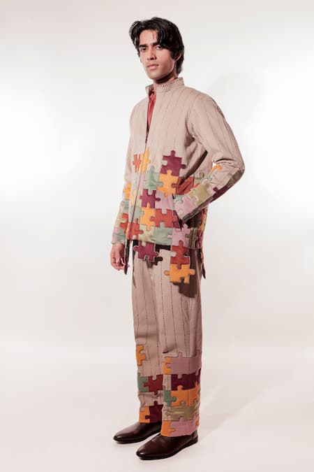 Jubinav Chadha_Beige Suede Embroidery Quilted Puzzle Jacket _Online_at_Aza_Fashions