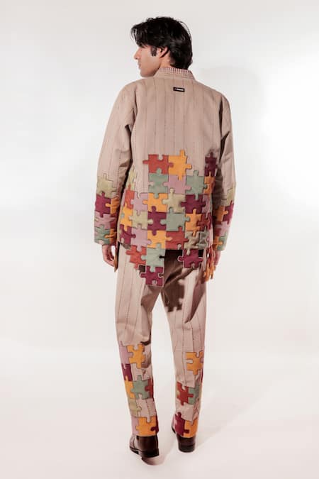 Shop_Jubinav Chadha_Beige Suede Embroidery Quilted Puzzle Jacket _at_Aza_Fashions