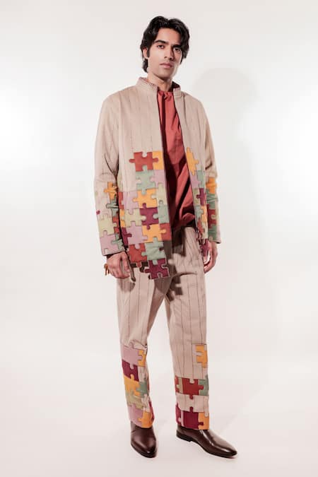 Jubinav Chadha Beige Suede Embroidery Quilted Puzzle Jacket