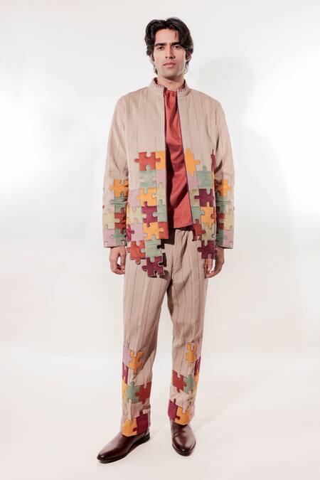Buy_Jubinav Chadha_Beige Suede Embroidery Quilted Puzzle Jacket _Online_at_Aza_Fashions