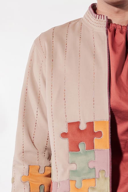 Shop_Jubinav Chadha_Beige Suede Embroidery Quilted Puzzle Jacket _Online_at_Aza_Fashions