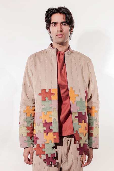 Jubinav Chadha_Beige Suede Embroidery Quilted Puzzle Jacket _at_Aza_Fashions
