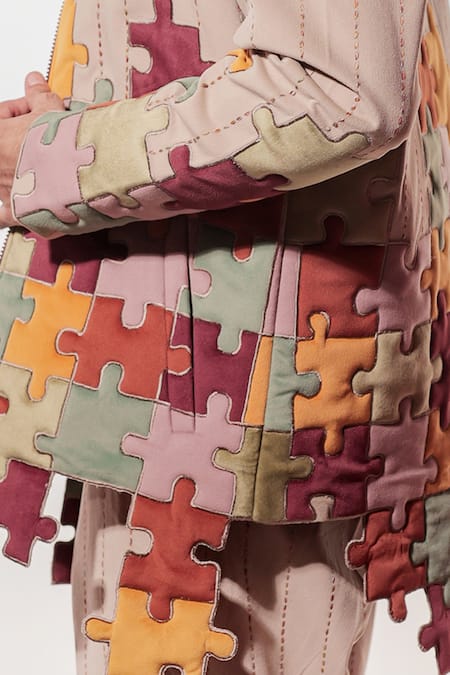 Buy_Jubinav Chadha_Beige Suede Embroidery Quilted Puzzle Jacket 
