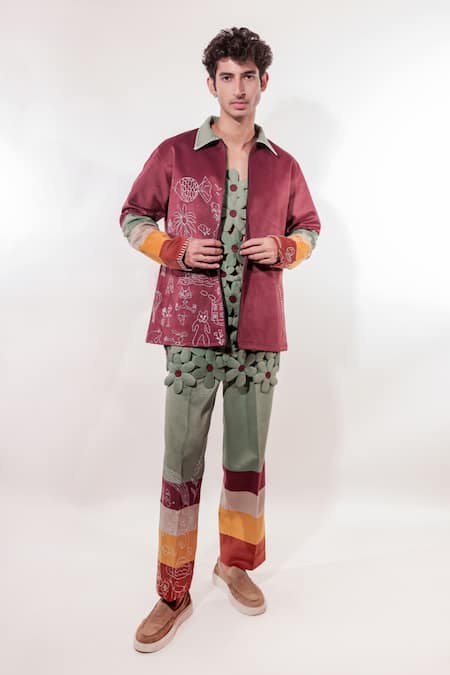 Jubinav Chadha Maroon Suede Embroidery Kantha Doodle Jacket 