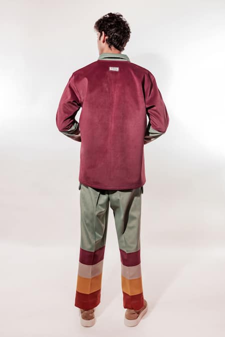 Shop_Jubinav Chadha_Maroon Suede Embroidery Kantha Doodle Jacket _at_Aza_Fashions