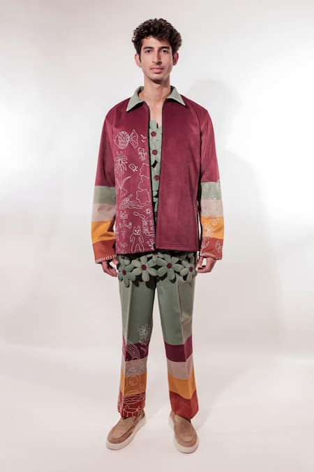 Jubinav Chadha_Maroon Suede Embroidery Kantha Doodle Jacket _Online_at_Aza_Fashions