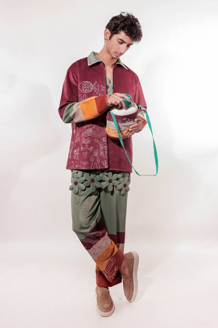 Buy_Jubinav Chadha_Maroon Suede Embroidery Kantha Doodle Jacket _Online_at_Aza_Fashions