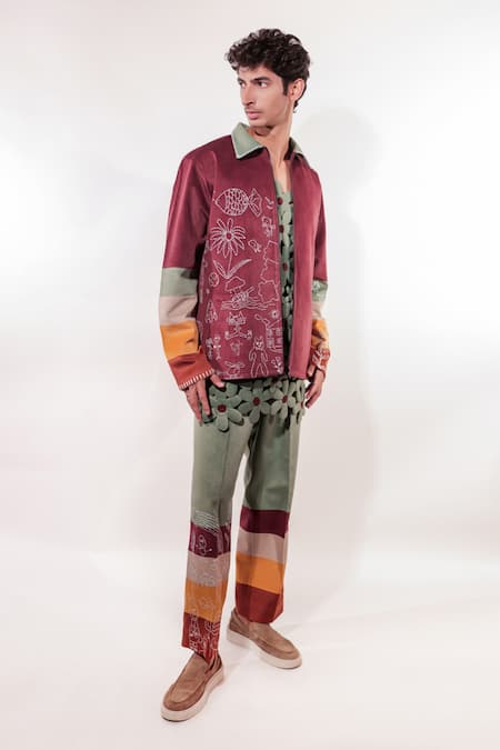 Shop_Jubinav Chadha_Maroon Suede Embroidery Kantha Doodle Jacket _Online_at_Aza_Fashions
