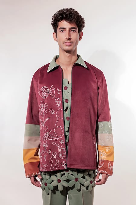 Jubinav Chadha_Maroon Suede Embroidery Kantha Doodle Jacket _at_Aza_Fashions