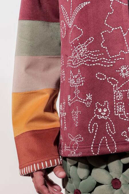 Buy_Jubinav Chadha_Maroon Suede Embroidery Kantha Doodle Jacket 