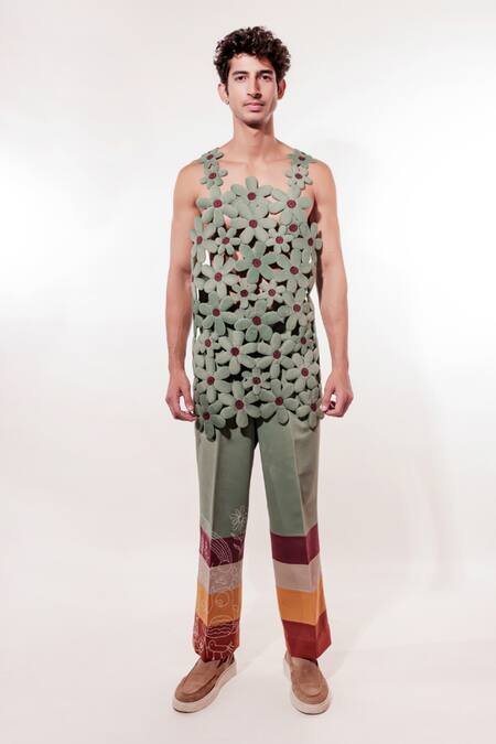 Shop Jubinav Chadha Green Suede 3d Flower Pattern Vest at Aza Fashions Shop_Jubinav Chadha_Green Suede 3d Flower Pattern Vest_at_Aza_Fashions