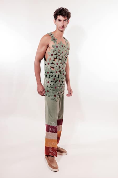 Jubinav Chadha Green Suede 3d Flower Pattern Vest Online at Aza Fashions Jubinav Chadha_Green Suede 3d Flower Pattern Vest_Online_at_Aza_Fashions