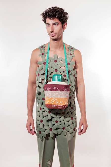 Buy Jubinav Chadha Green Suede 3d Flower Pattern Vest Online at Aza Fashions Buy_Jubinav Chadha_Green Suede 3d Flower Pattern Vest_Online_at_Aza_Fashions