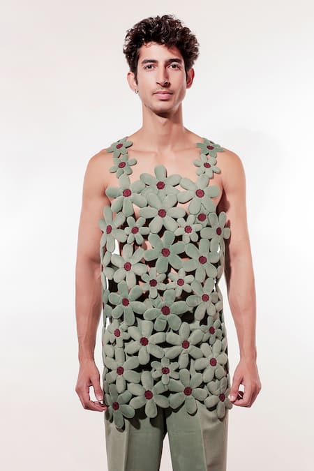 Jubinav Chadha Green Suede 3d Flower Pattern Vest 