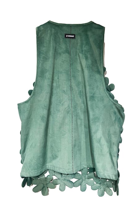 Shop Jubinav Chadha Green Suede 3d Flower Pattern Vest Online at Aza Fashions Shop_Jubinav Chadha_Green Suede 3d Flower Pattern Vest_Online_at_Aza_Fashions