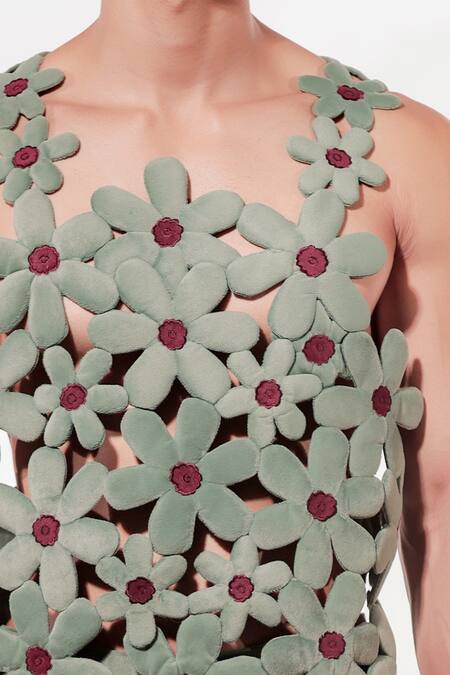 Jubinav Chadha Green Suede 3d Flower Pattern Vest at Aza Fashions Jubinav Chadha_Green Suede 3d Flower Pattern Vest_at_Aza_Fashions