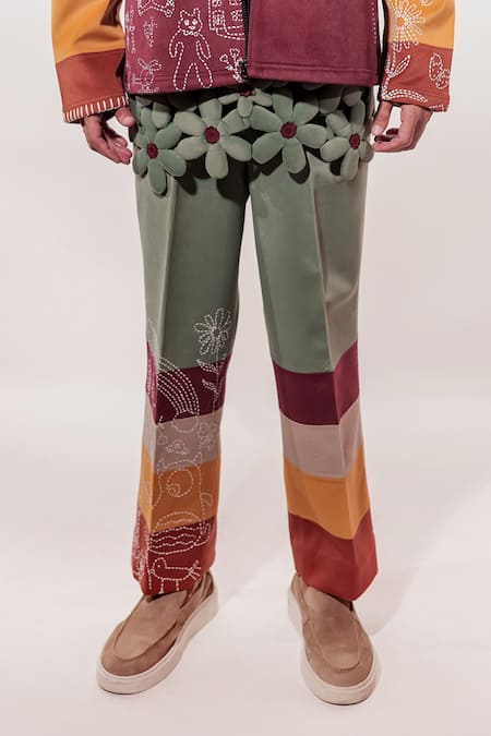 Buy Jubinav Chadha Green Suede Fabric Flowers Kantha Doodle Embroidered Pant Online at Aza Fashions Buy_Jubinav Chadha_Green Suede Fabric Flowers Kantha Doodle Embroidered Pant _Online_at_Aza_Fashions
