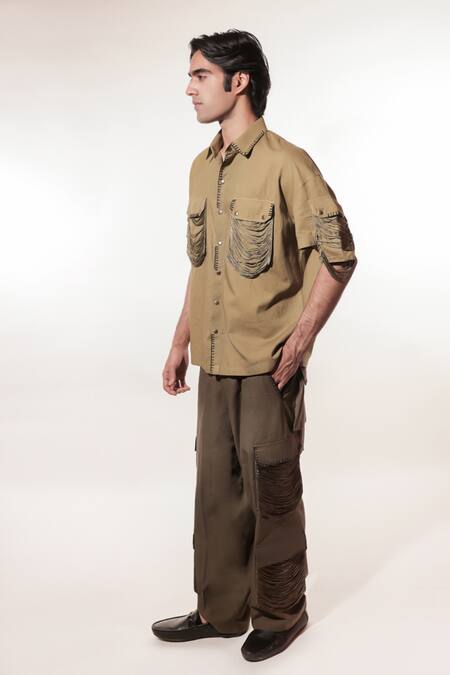 Jubinav Chadha Olive Green Linen Fringe Embroidered Shirt With Pant Online at Aza Fashions Jubinav Chadha_Olive Green Linen Fringe Embroidered Shirt With Pant _Online_at_Aza_Fashions