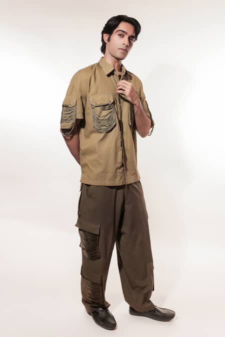 Buy Jubinav Chadha Olive Green Linen Fringe Embroidered Shirt With Pant Online at Aza Fashions Buy_Jubinav Chadha_Olive Green Linen Fringe Embroidered Shirt With Pant _Online_at_Aza_Fashions