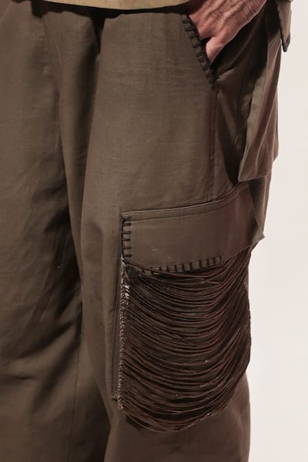 Shop Jubinav Chadha Olive Green Linen Fringe Embroidered Shirt With Pant Online at Aza Fashions Shop_Jubinav Chadha_Olive Green Linen Fringe Embroidered Shirt With Pant _Online_at_Aza_Fashions