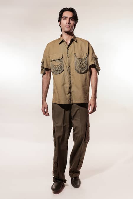 Jubinav Chadha Olive Green Linen Fringe Embroidered Shirt With Pant at Aza Fashions Jubinav Chadha_Olive Green Linen Fringe Embroidered Shirt With Pant _at_Aza_Fashions