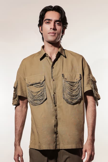 Jubinav Chadha Olive Green Linen Fringe Embroidered Shirt With Pant
