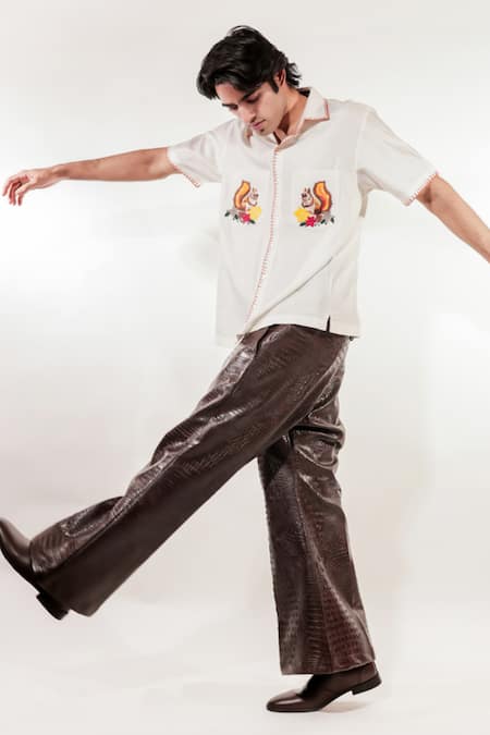 Jubinav Chadha_Brown Faux Leather Crocodile Textured Bell Bottom Pant _Online_at_Aza_Fashions