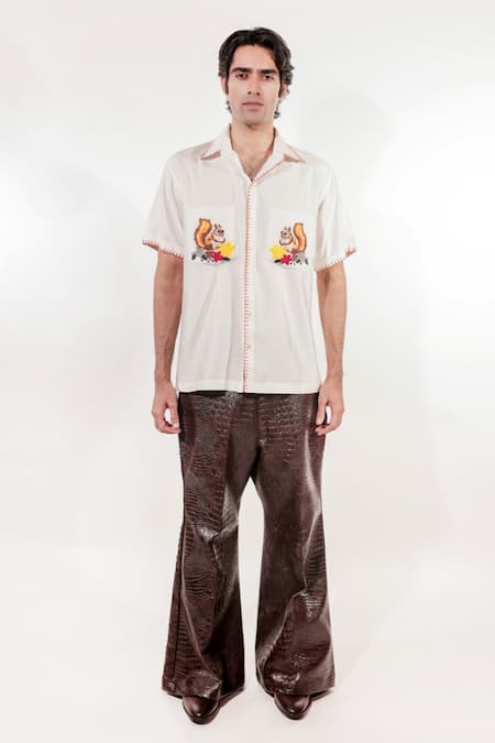 Jubinav Chadha Brown Faux Leather Crocodile Textured Bell Bottom Pant
