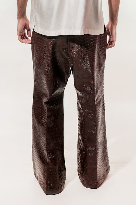 Buy_Jubinav Chadha_Brown Faux Leather Crocodile Textured Bell Bottom Pant _Online_at_Aza_Fashions