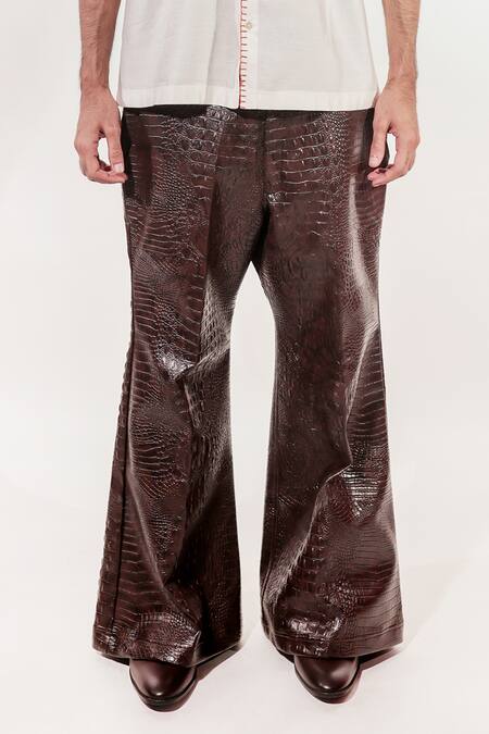 Shop_Jubinav Chadha_Brown Faux Leather Crocodile Textured Bell Bottom Pant _Online_at_Aza_Fashions