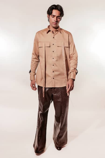Jubinav Chadha_Beige Cotton, Lycra Embroidery Colorblock Shirt _Online_at_Aza_Fashions