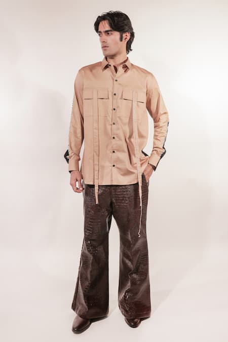 Shop_Jubinav Chadha_Beige Cotton, Lycra Embroidery Colorblock Shirt _Online_at_Aza_Fashions