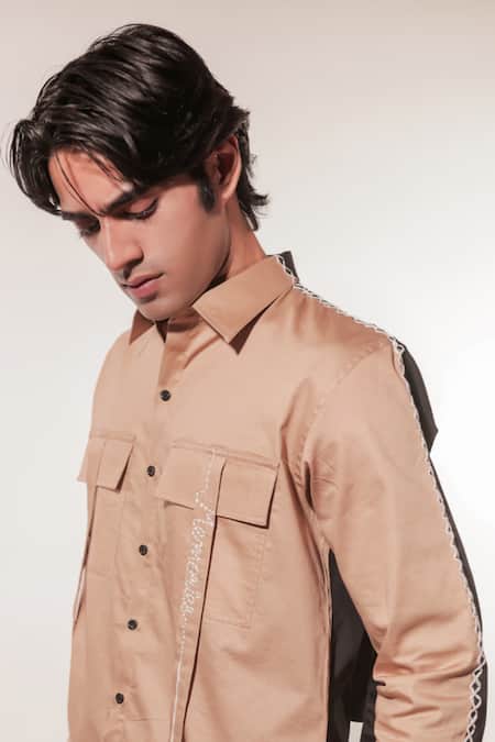 Jubinav Chadha_Beige Cotton, Lycra Embroidery Colorblock Shirt _at_Aza_Fashions